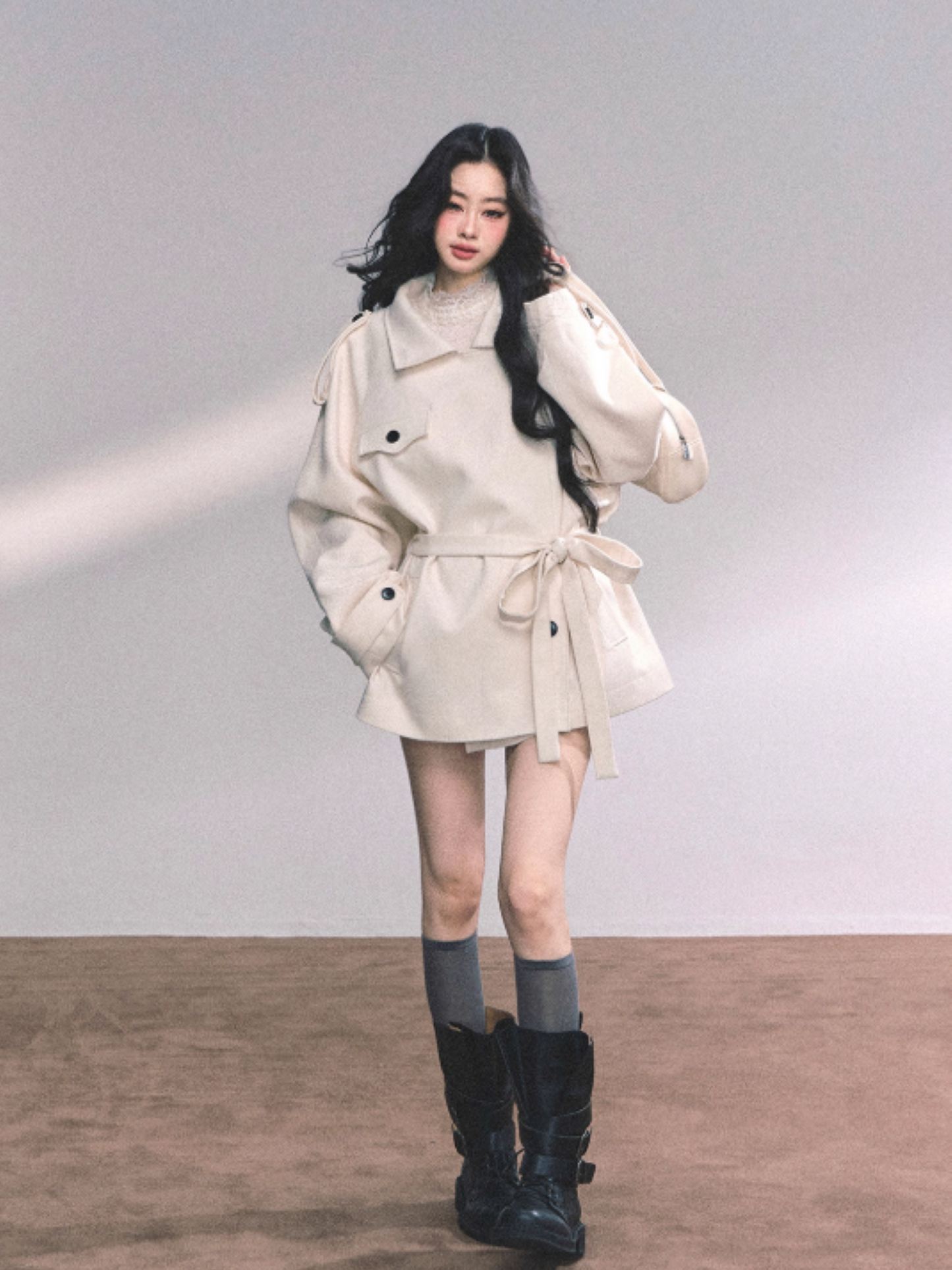 少也眼 British-Inspired Loose Wool-Blend Trench Coat
