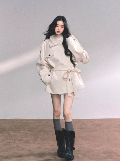 少也眼 British-Inspired Loose Wool-Blend Trench Coat
