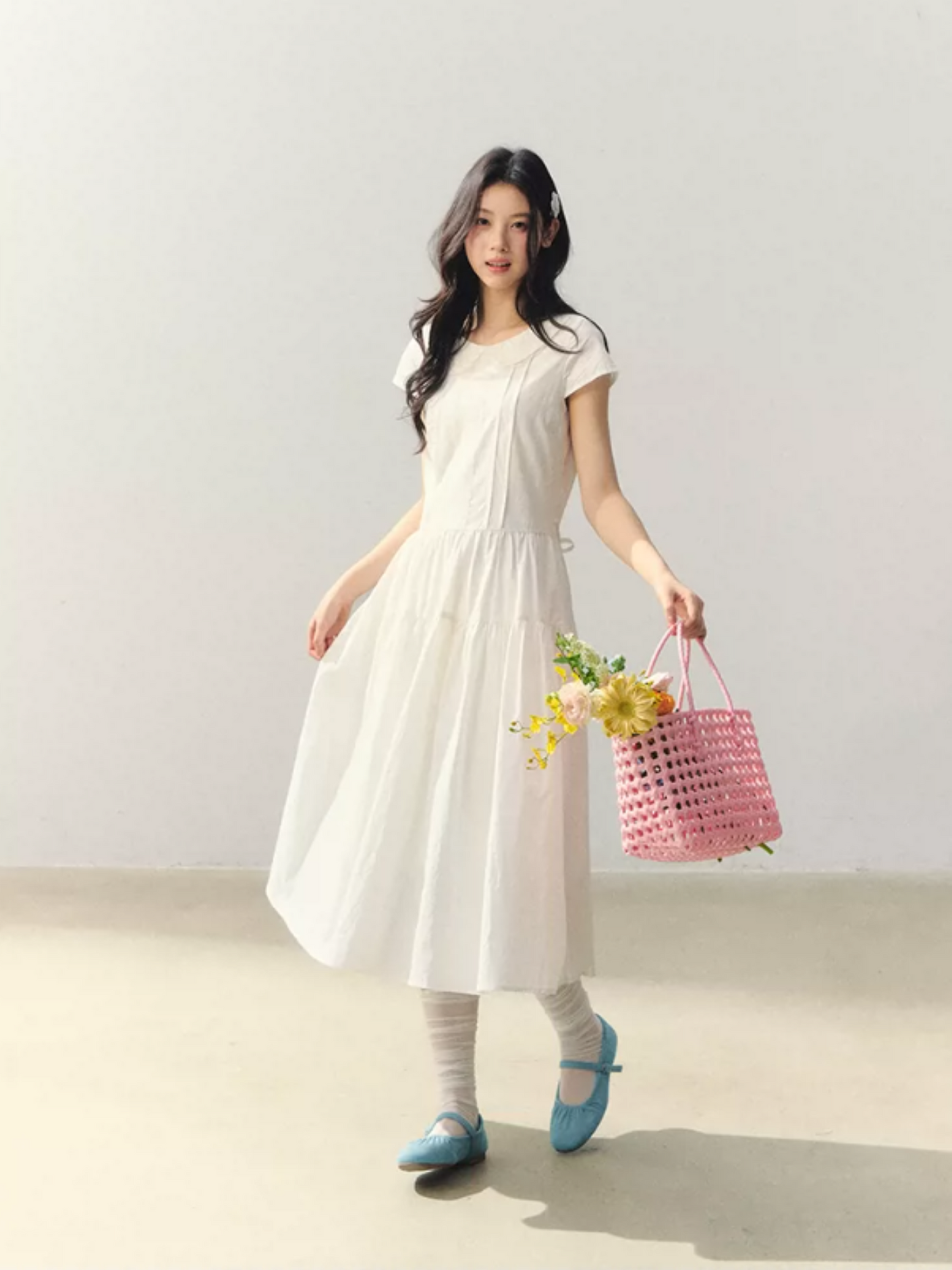 "Sakura Letter" Lace Doll Collar Waist-Fit Midi Dress WW2026004