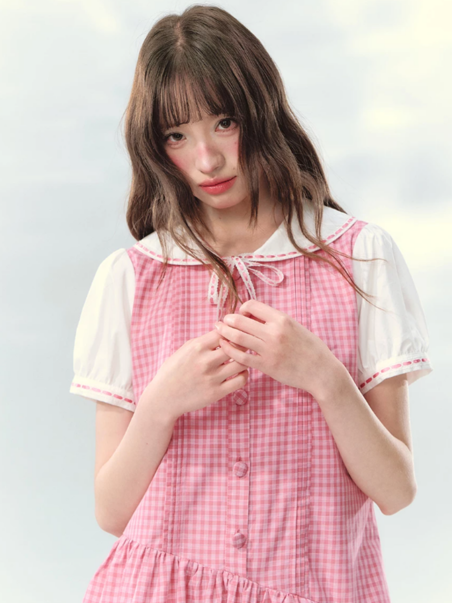 “Peach Plaid Academy” Pink Plaid Peter Pan Dress LL2026152