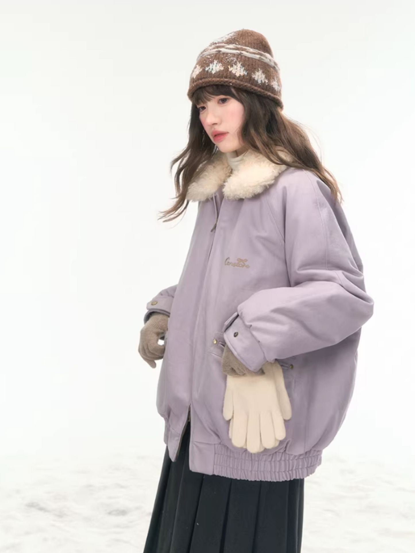 "Misty Lilac" Contrast Fur Collar Utility Down Jacket LL2025457