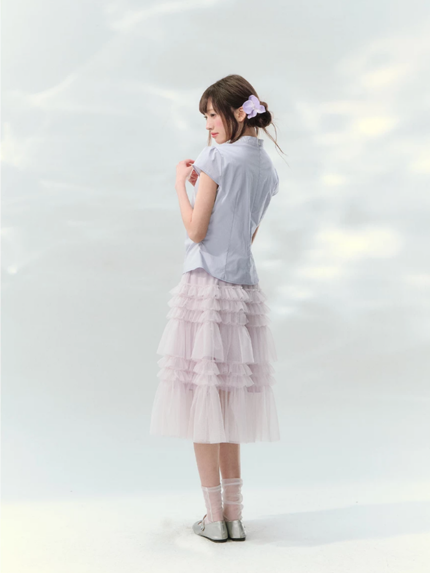 “Lilac Embroidered Whisper” Orchid Purple Mandarin Collar Blouse