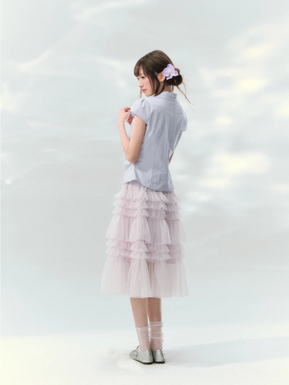 “Lilac Embroidered Whisper” Orchid Purple Mandarin Collar Blouse