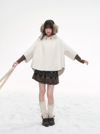 '漫游者' White Wool-Blend Hooded Cape Coat