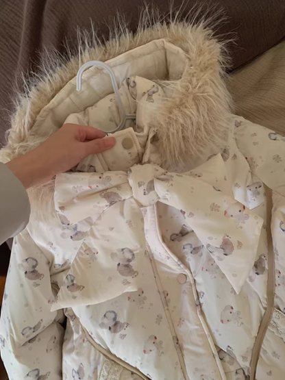 阮阮自制 - "Fluffy Pup" Bow-Detail Puppy Print Puffer Jacket