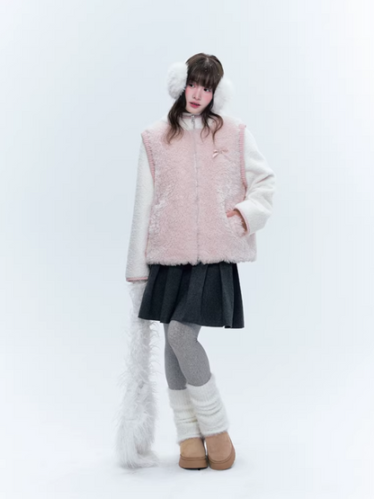 CREAMO2奶油氧气 - Pink & White Faux-Layered Teddy Padded Jacket