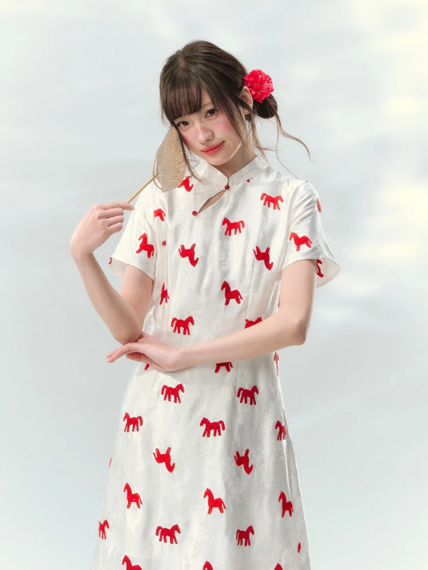 “Crimson Steed Reverie” Red Embroidered Cheongsam Dress LL2026165
