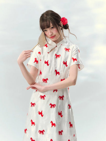 “Crimson Steed Reverie” Red Embroidered Cheongsam Dress LL2026165