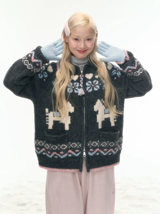 "Nordic Fairytale" Charcoal Pony Zip-Up Knit Cardigan WW2025449
