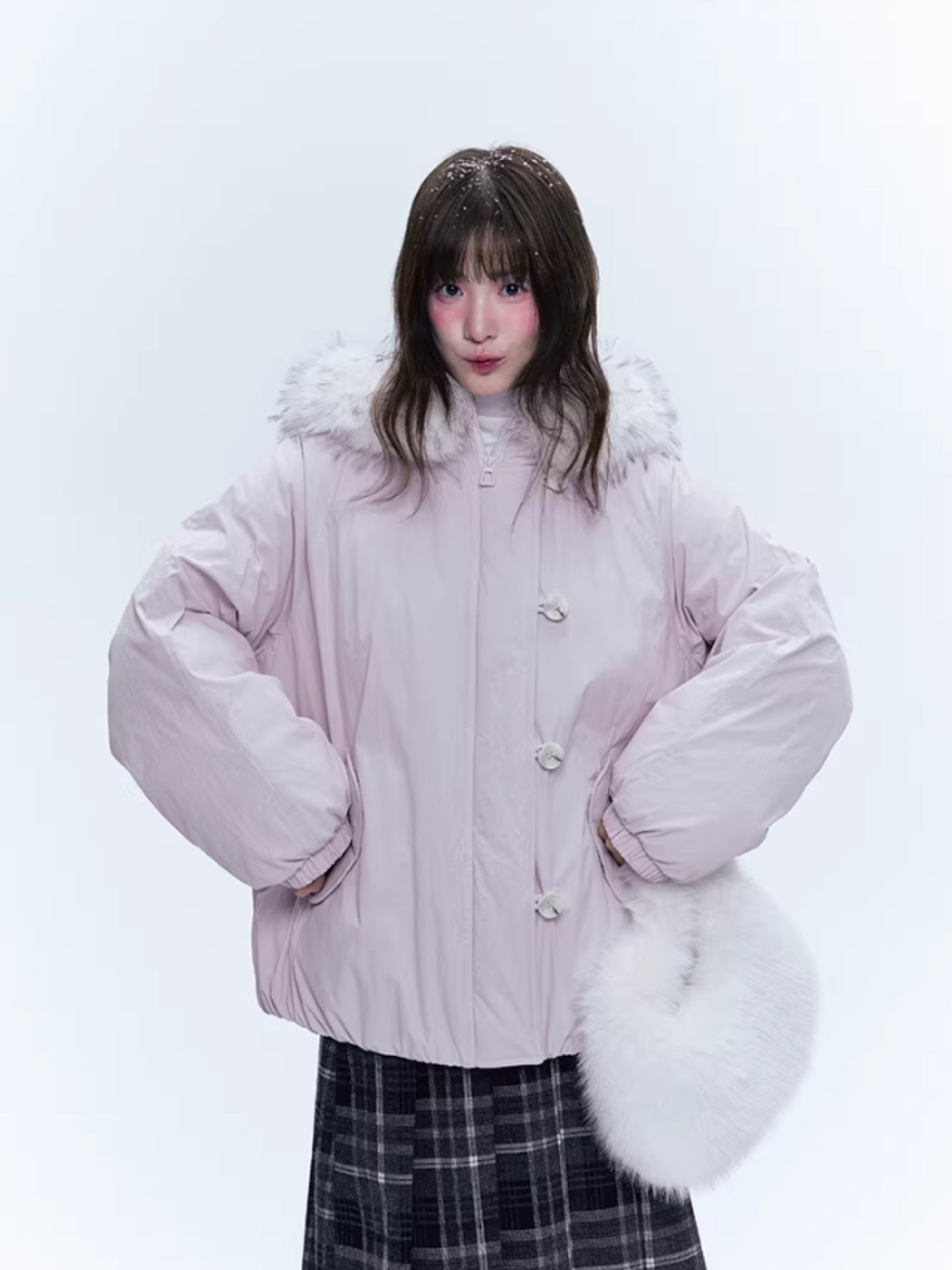 CREAMO2奶油氧气 - Soft Pink-Purple Detachable Fur Hooded Down Jacket