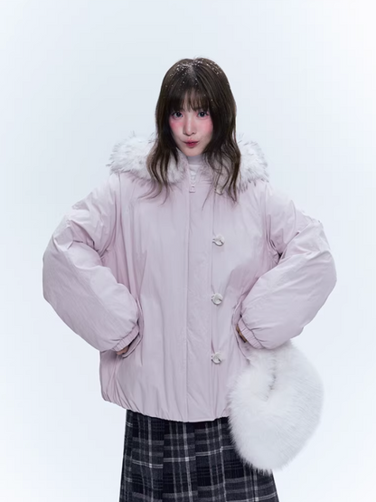 CREAMO2奶油氧气 - Soft Pink-Purple Detachable Fur Hooded Down Jacket
