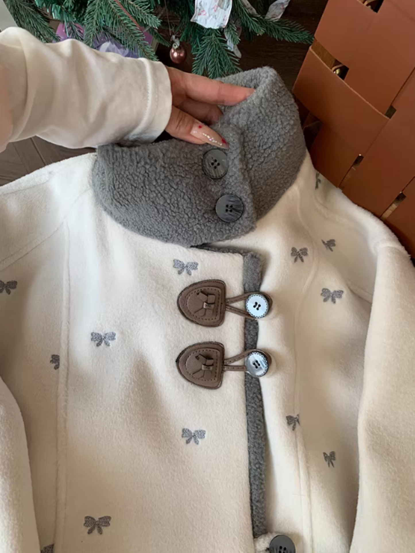 阮阮自制 - "Fog Whisper" Bow Embroidered Wool-Blend Padded Coat
