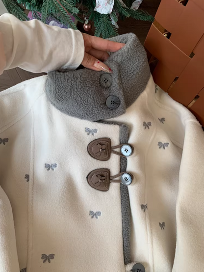 阮阮自制 - "Fog Whisper" Bow Embroidered Wool-Blend Padded Coat