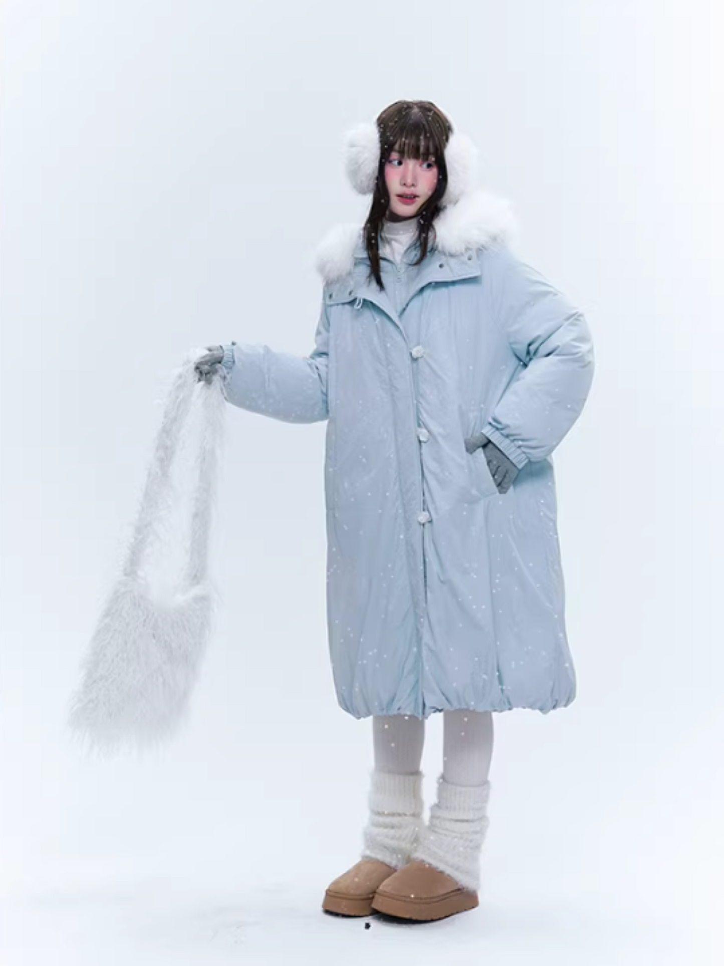 CREAMO2奶油氧气 - Milk Mist Blue Faux-Layered Mid-Length Down Puffer Coat