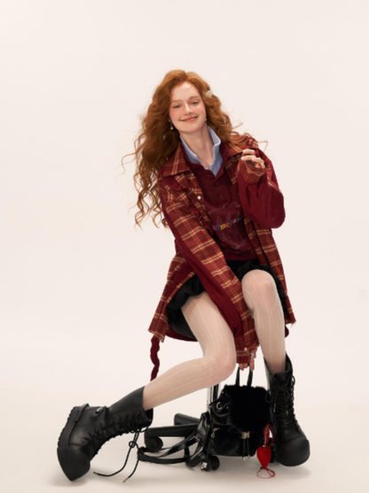 MAMC - Patchwork Plaid Oversized Sweatshirt WE824 (Deep Red)