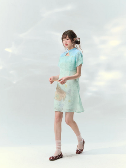 “Velvet Deer Whisper” Teal Deer Print Cheongsam Dress LL2026174