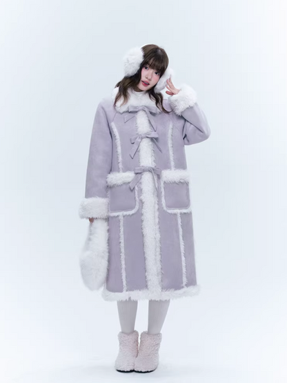 CREAMO2奶油氧气 - Taro Gray-Purple Bow-Tie Faux Suede & Teddy Midi Coat