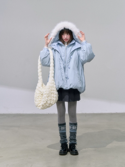 "雪境叠影" Faux Two-Piece Blue Down Jacket with 90% Duck Down & Fur Hood