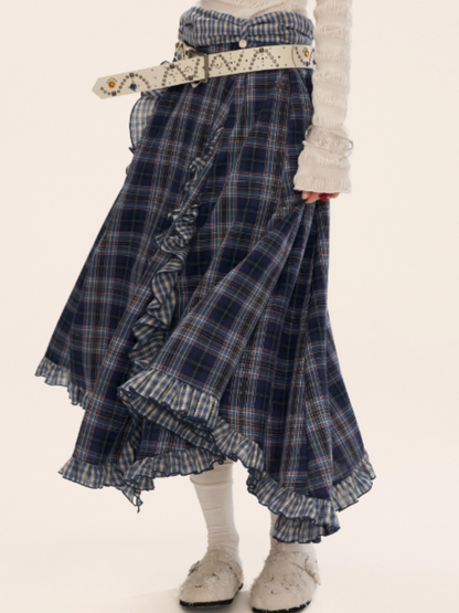 Asymmetrical Plaid Maxi Skirt with Ruffle Hem WE814 (Blue)