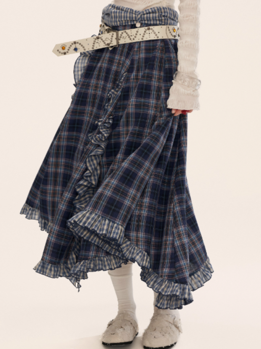 MAMC - Asymmetrical Plaid Maxi Skirt with Ruffle Hem (Blue)
