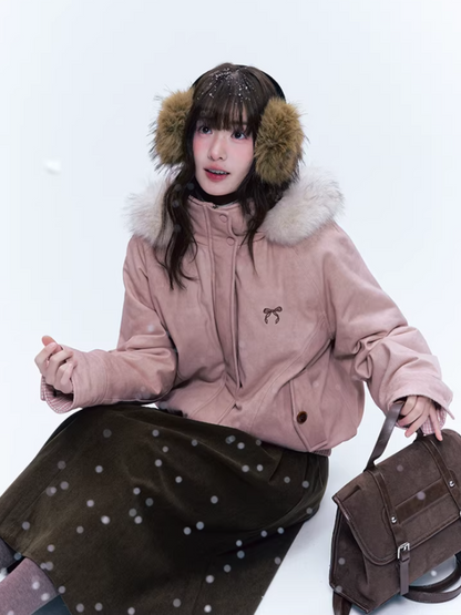 CREAMO2奶油氧气 - Misty Pink Sweet-Cool Detachable Fur-Trim Hooded Puffer Jacket