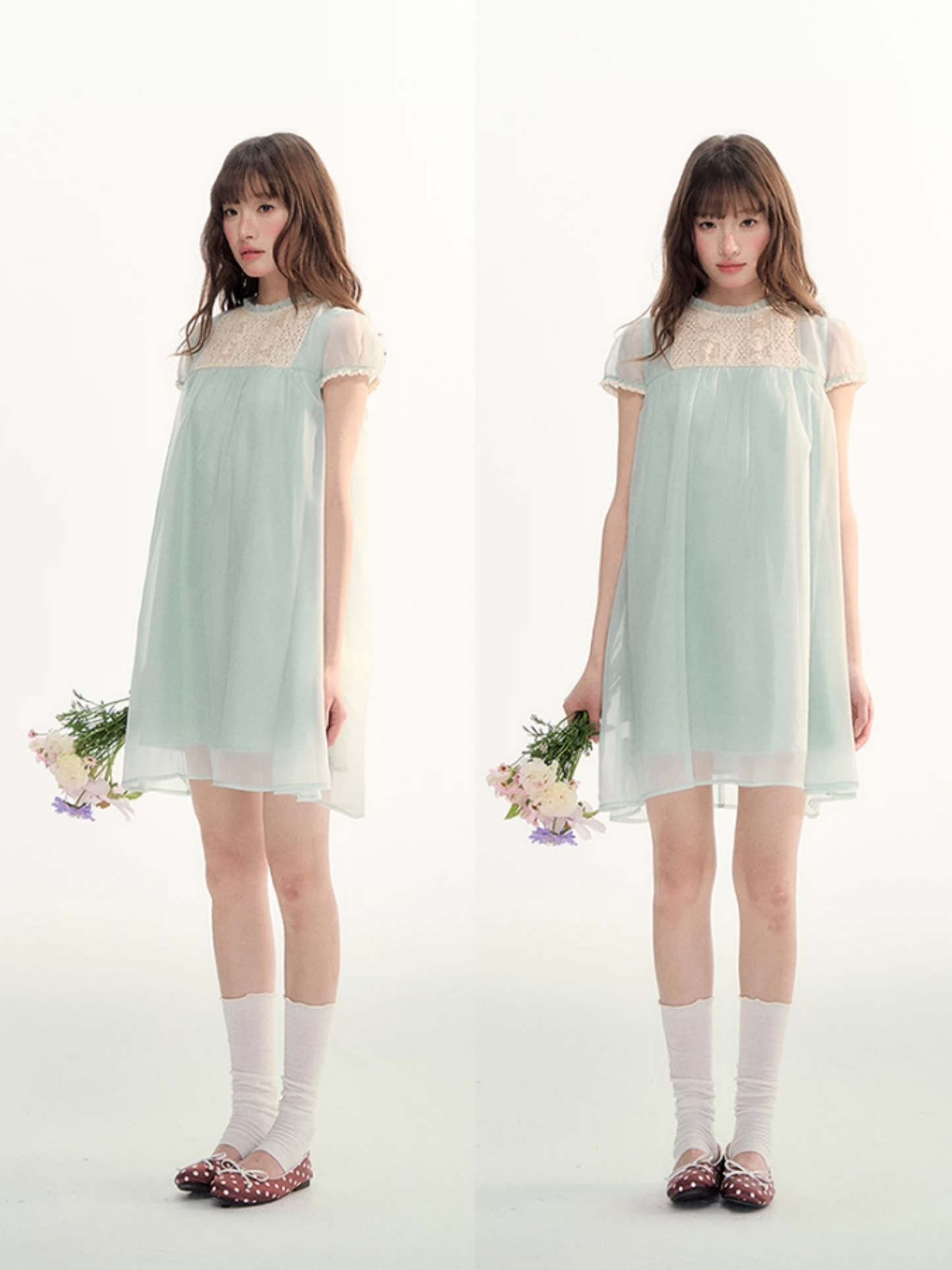 Sheer Lace Trim Puff Sleeve Babydoll Dress LL2026103