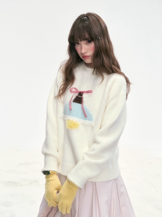"Iceland Glow" Bow Knit Sweater – Cream White LL2025321
