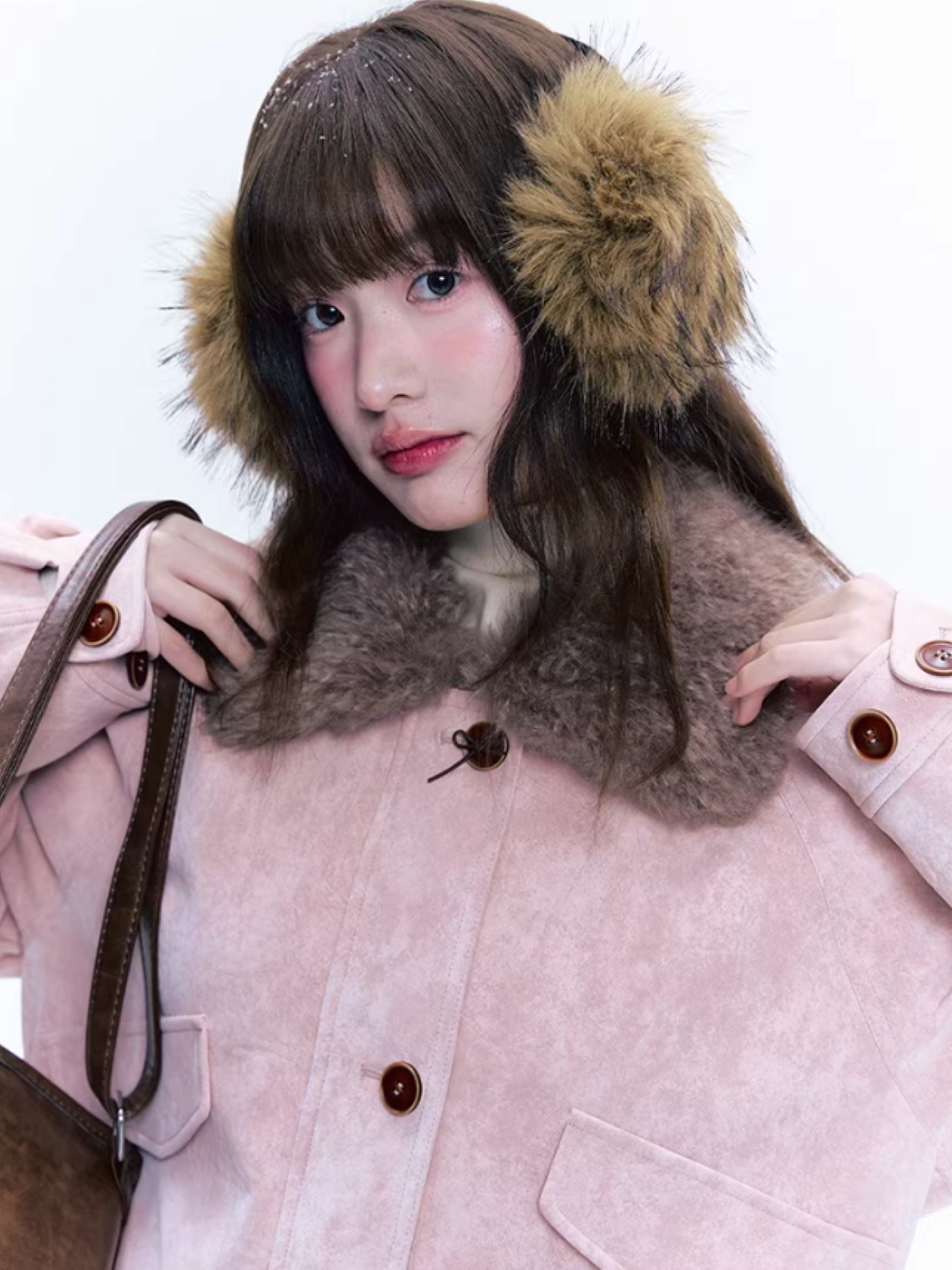 CREAMO2奶油氧气 - Peach Mist Detachable Fur-Collar Faux Suede Padded Jacket