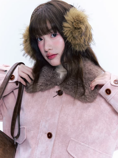 CREAMO2奶油氧气 - Peach Mist Detachable Fur-Collar Faux Suede Padded Jacket