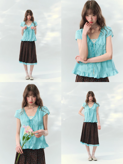 “Sea Salt Letters” Plaid Lace Layered Skirt Set  LL2026168