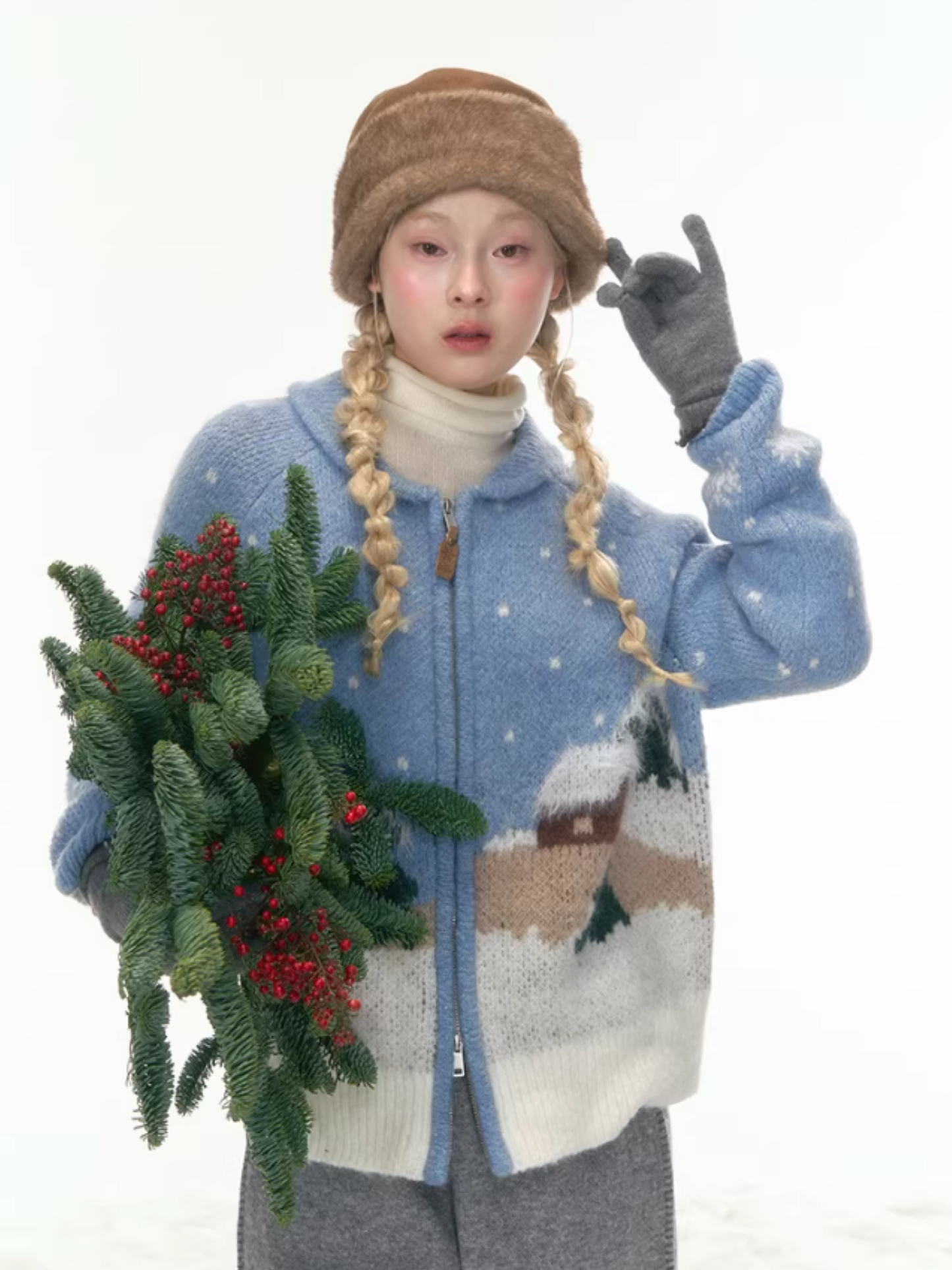 "Hand-Stitched Snow Fairytale" Blue Zip-Up Knit Cardigan LL2025448