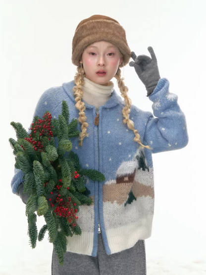"Hand-Stitched Snow Fairytale" Blue Zip-Up Knit Cardigan LL2025448