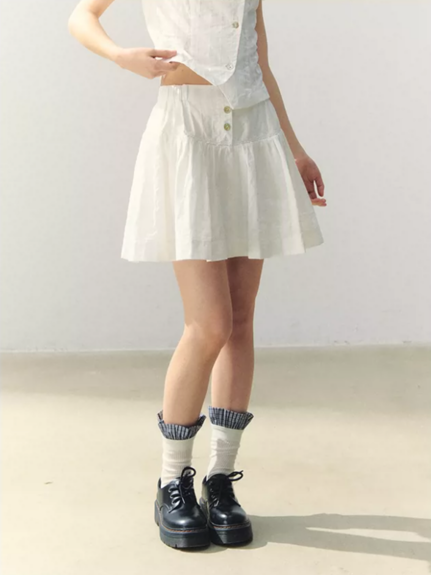 "Summer White Notes" Textured Shirt & Mini Skirt Set LL2026015
