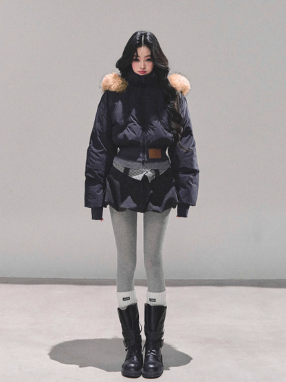 少也眼 Korean Preppy Short Puffer Jacket - Navy Blue