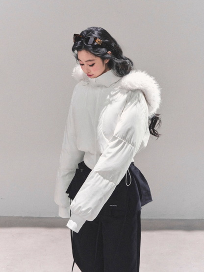 少也眼 Korean Preppy Short Puffer Jacket - White