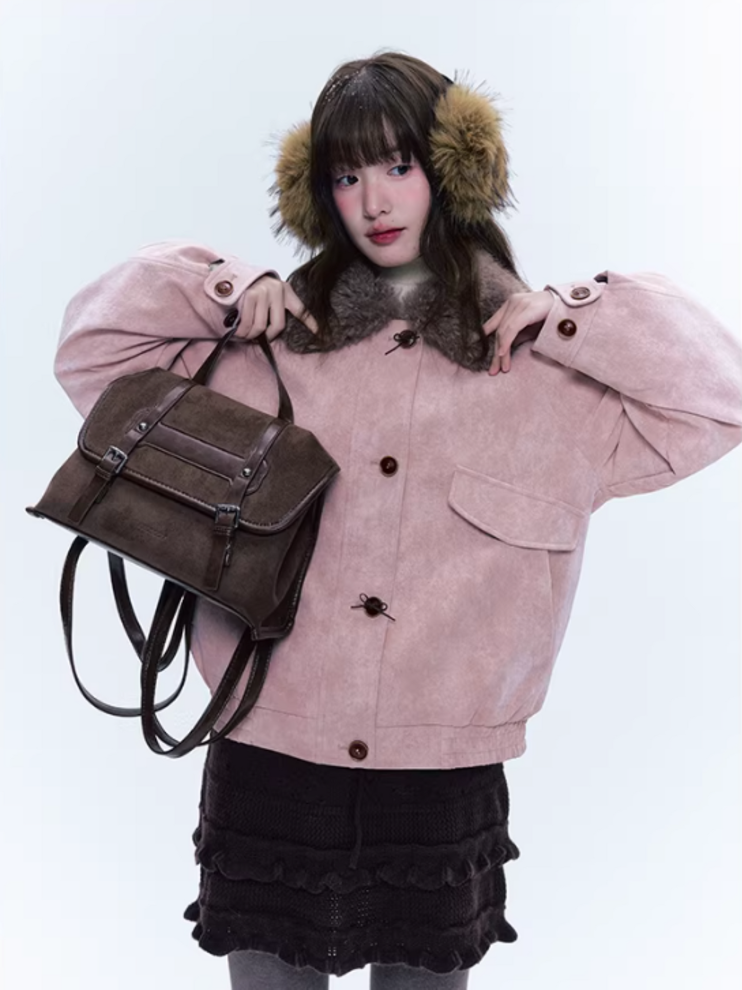 CREAMO2奶油氧气 - Peach Mist Detachable Fur-Collar Faux Suede Padded Jacket