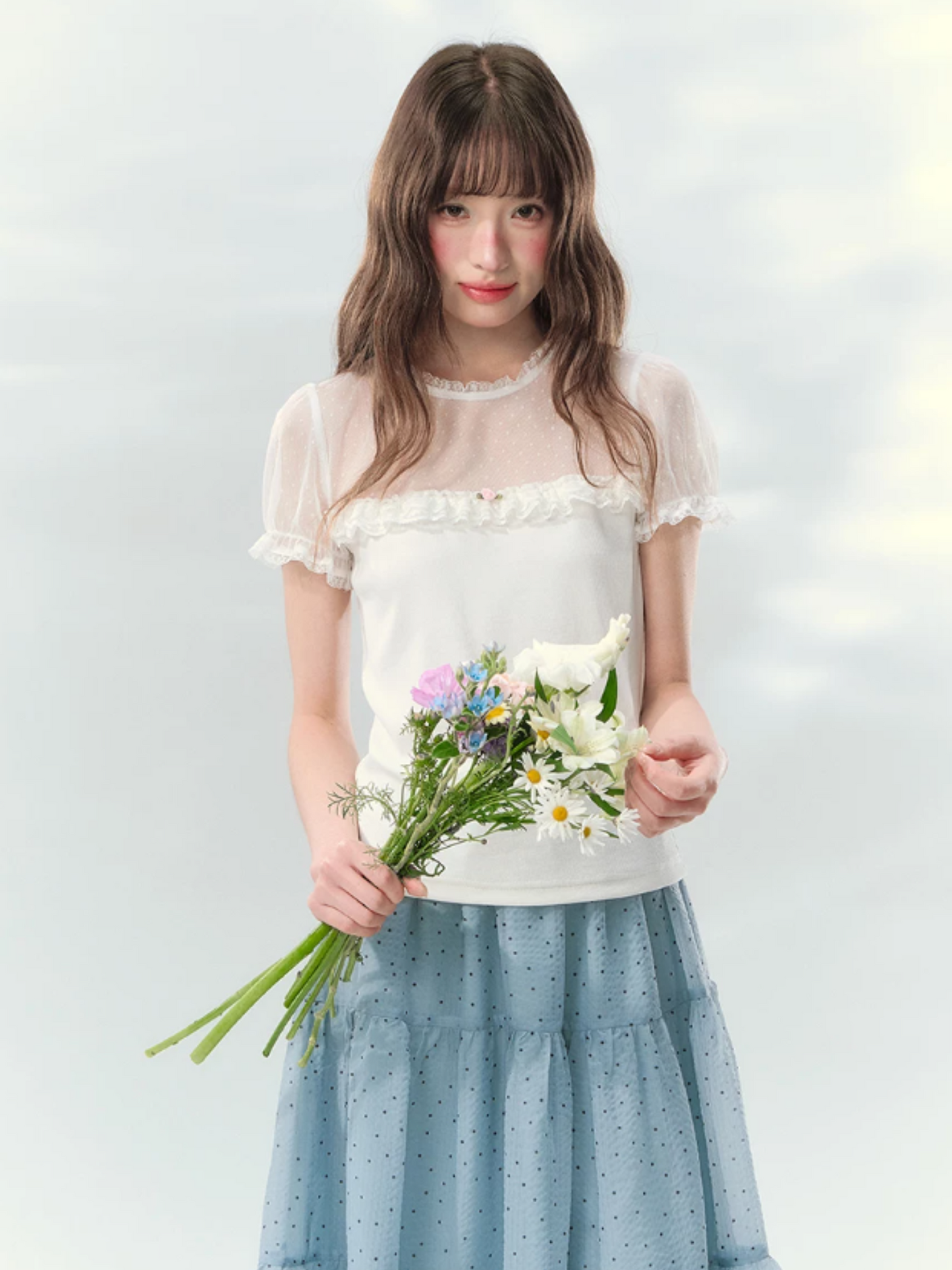 “Soft Candy Stardust” Lace Mesh Puff Sleeve Tee  LL2026149