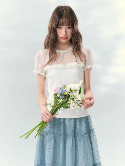 “Soft Candy Stardust” Lace Mesh Puff Sleeve Tee  LL2026149