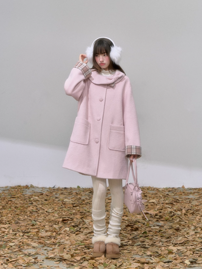 "樱格恋语" Sakura Pink A-Line Wool Coat with Oversized Bow