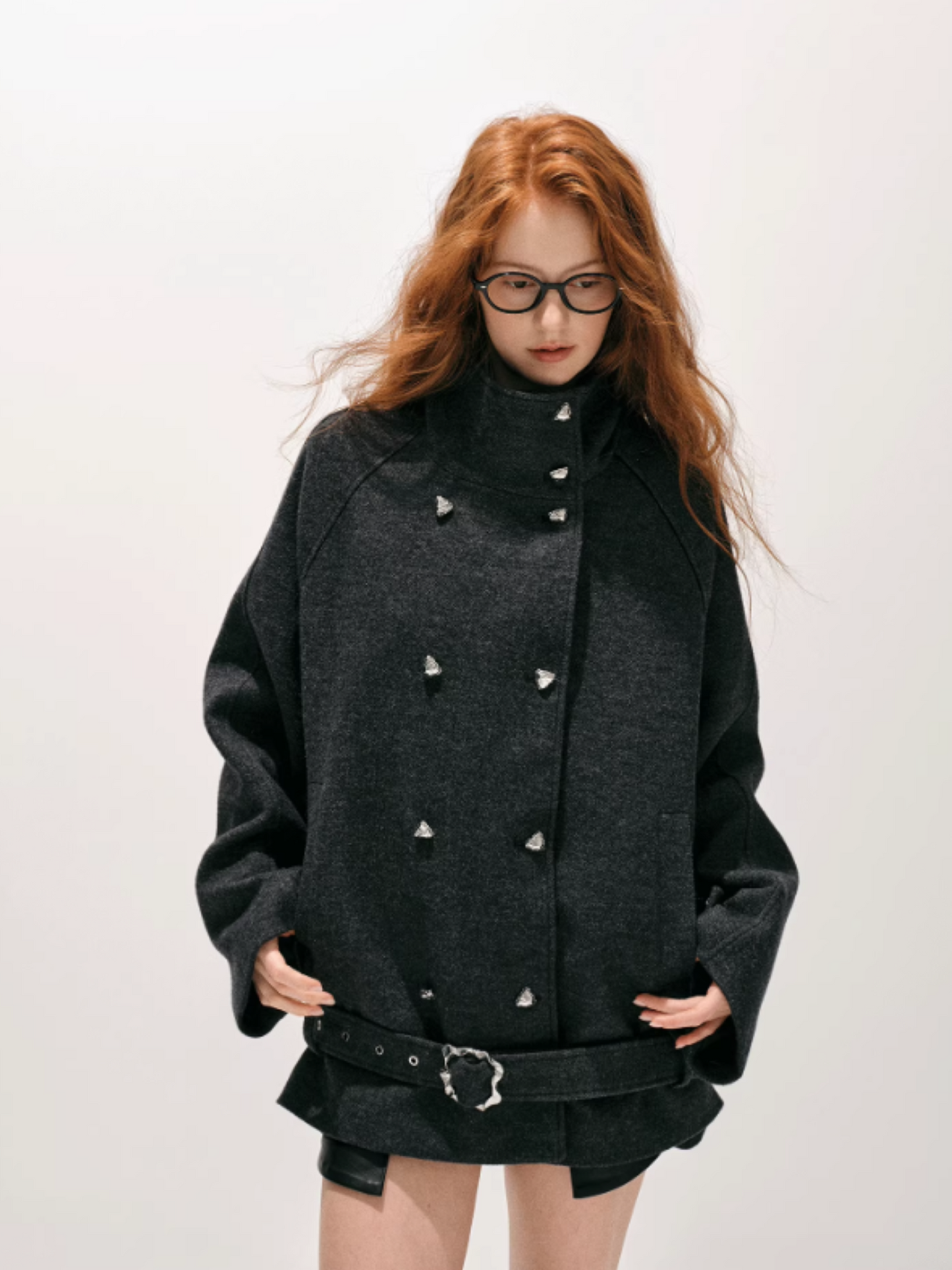 "柔廓定理" Wool-Blend Structured Military Coat with Stand Collar