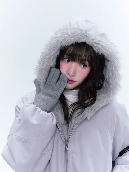 CREAMO2奶油氧气 - Soft Lilac Bow-Embroidered Eco Fur Puffer Jacket