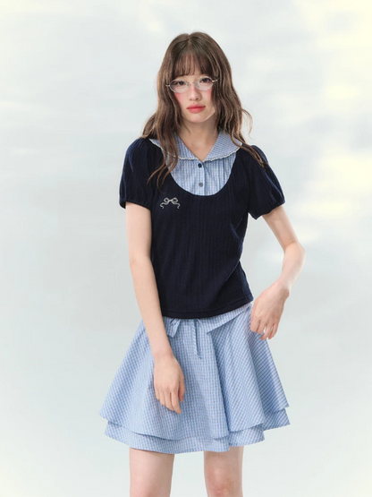 “Milk Candy Academy” Navy Plaid Collar Skirt Set LL2026147