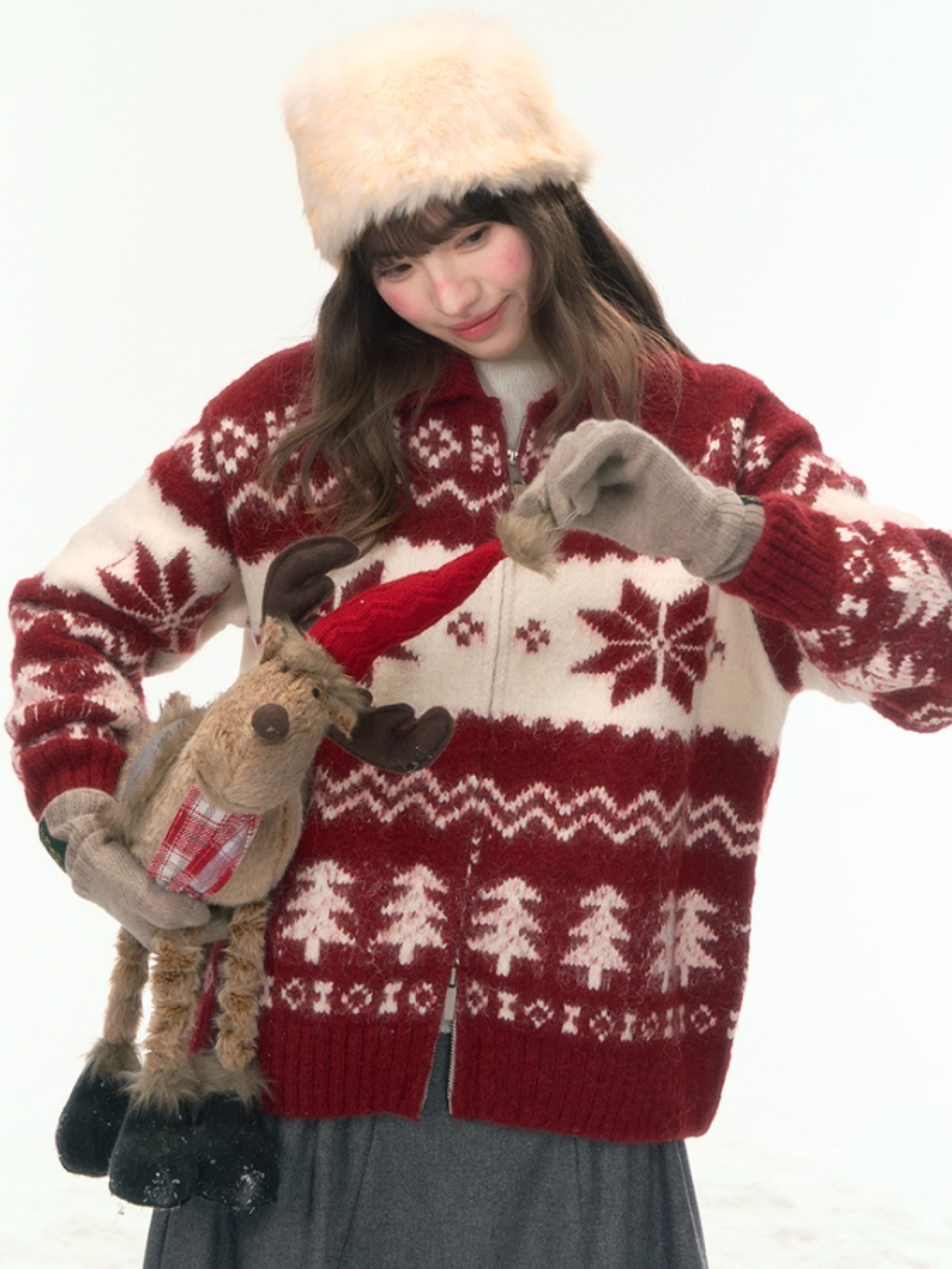 "Fluffy Snowtone" Vintage Red Holiday Knit Cardigan LL2025305