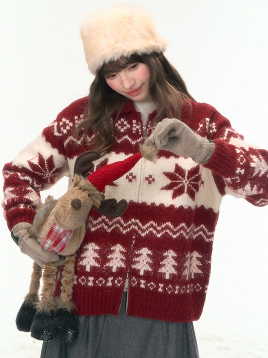 "Fluffy Snowtone" Vintage Red Holiday Knit Cardigan LL2025305