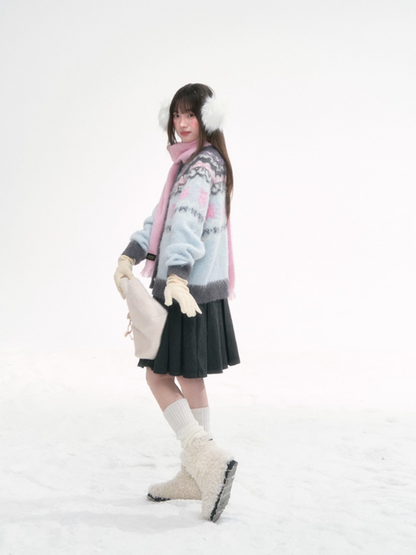 '甜梦蓝岛' Fair Isle Light Blue Knit Cardigan