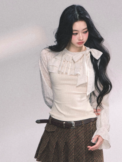 少也眼 Moon-lit Ruffle Lace Knit Layered Long Sleeve Top