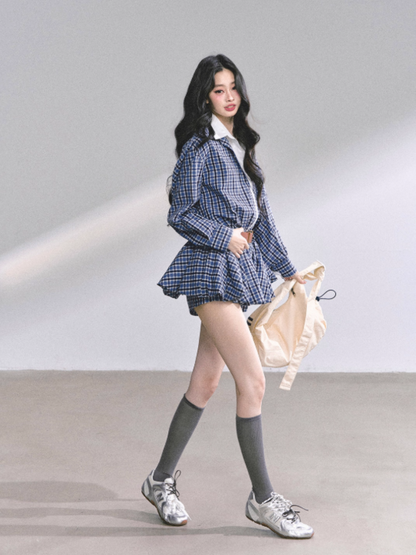 少也眼 Yale Preppy Puff Mini Dress Set with Shorts, Belt & Shawl (Navy)