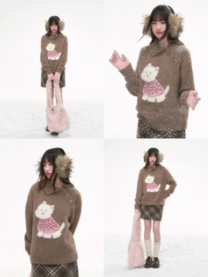 '可可慕斯' Brown Knit Sweater with Westie Dog Embroidery