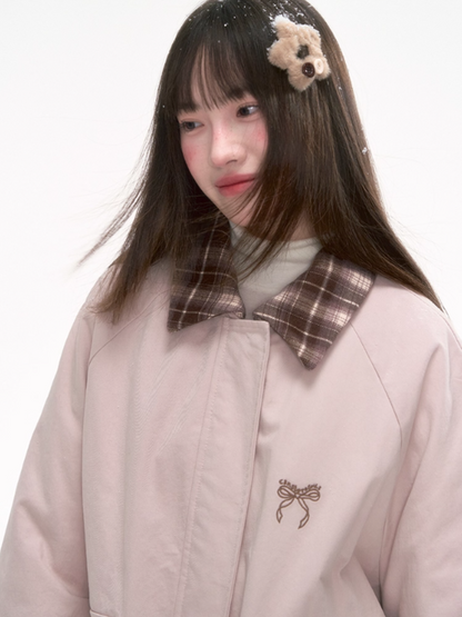 [CAN] Pink Contrast-Collar Padded Jacket with Plaid Detail