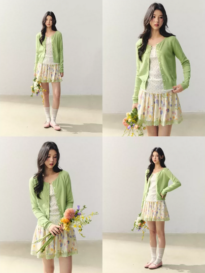 "Summer Meadow Sky" Knit Cardigan & Floral Pleated Skirt Set LL2026010